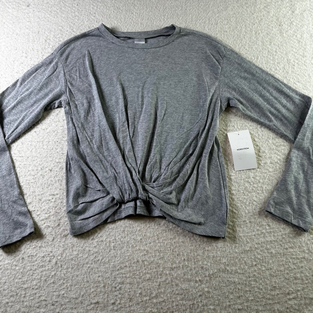 NWT Kids Nordstrom Gray Long Sleeve Twist Front Crew Neck Casual Top Sz L 10 12